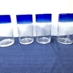 Water Glasses with Clear Glass Bottom & Colbolt Blue Rim Glasses Set of 4